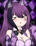  /monster/ awoo bell cat_ears cat_paws checkerboard_pattern cheshire_cat cute parody purple_hair reaction_image  rating:Safe score:0 user:Amajiku