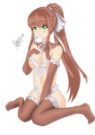  alternate_outfit blush breasts female long_hair looking_at_viewer monika partially_clothed sitting skimpy smile solo  rating:Questionable score:1 user:Matrix1101