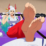  1girl barefoot big_feet blue_hair long_toes one_piece soles tease white_hair yamato yamato_(one_piece) zorzero_(artist)  rating:Questionable score:-2 user:TsunderebeanFan