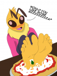  1girl anthro anthropod bee bridgette cheese cock_tease cock_throbbing attractive cute dialog erboiler_(artist) feet_on_table i'm_gonna_cum i_came insect italian_cheese looking_at_viewer pizza table white_cheese  rating:Safe score:6 user:FootModelBeauty