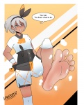  1girl barefoot bea clothed feet foot gym_leader pokemon pokemon_sword_and_shield pov smell soles steam sweat tan_skin toes  rating:Safe score:6 user:lewdy