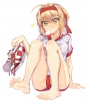  1girl barefoot blush fate_(series) nero_claudius shoe_removal shoes_off soles toes  rating:Safe score:2 user:darkblade7557